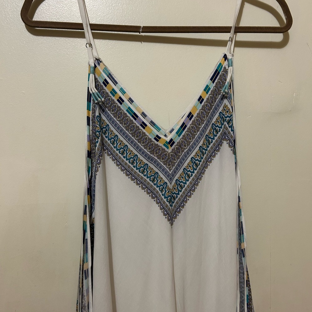 Tigerlily White Midi Dress Blue and Teal Trim Sz M Adj. Spaghetti Strap High Low